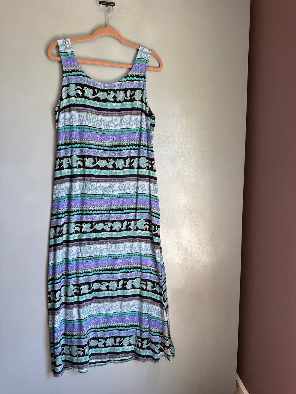 Vintage NINA PICCALINO Women's L Blue Pattern Sleeveless Midi Dress Hippie Boho